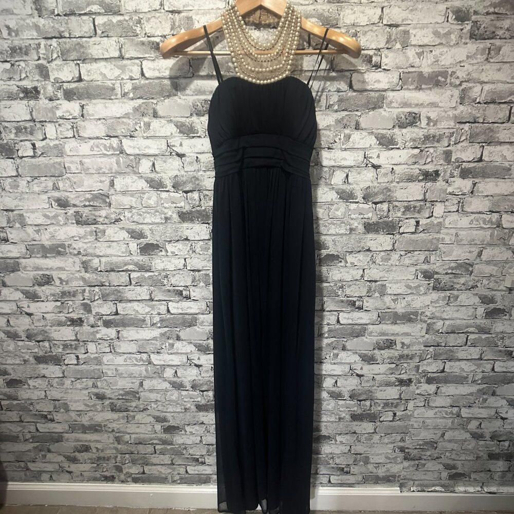 EUC City Studio Navy Halter Maxi Dress Beaded Pearl Neck Line Size 3